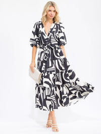 WOMEN'S SHORT PUFF SLEEVE ELASTIC WAIST SURPLICE SELF TIE TIERED PRINT MAXI DRESS