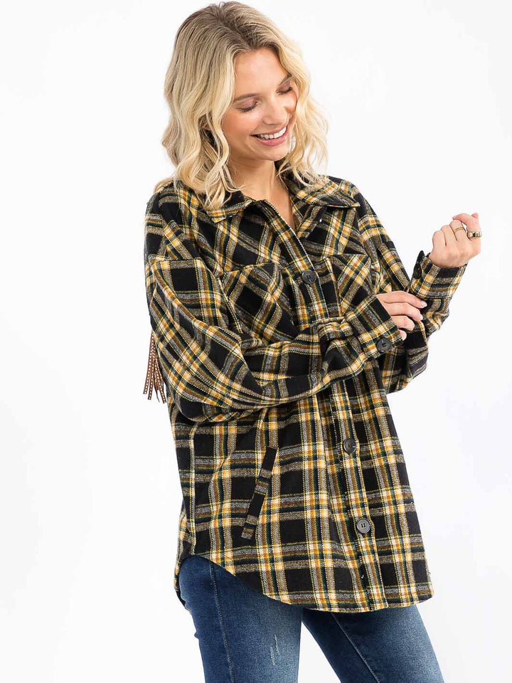 WOMEN'S LONG SLEEVE BUTTON UP FRONT POCKETS BACK FRINGE PLAID SHACKET
