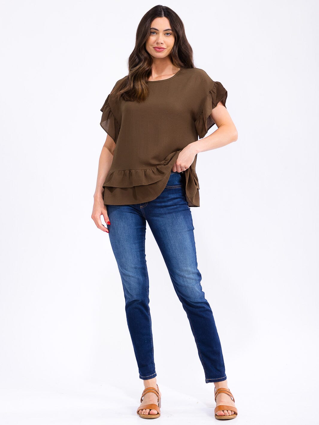 WOMEN'S SHORT RUFFLE SLEEVE TIERED BLOUSE