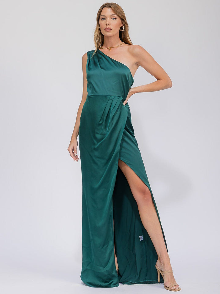 WOMEN'S SLEEVELESS ONE SHOULDER SURPLICE FRONT SLIT MAXI GOWN DRESS