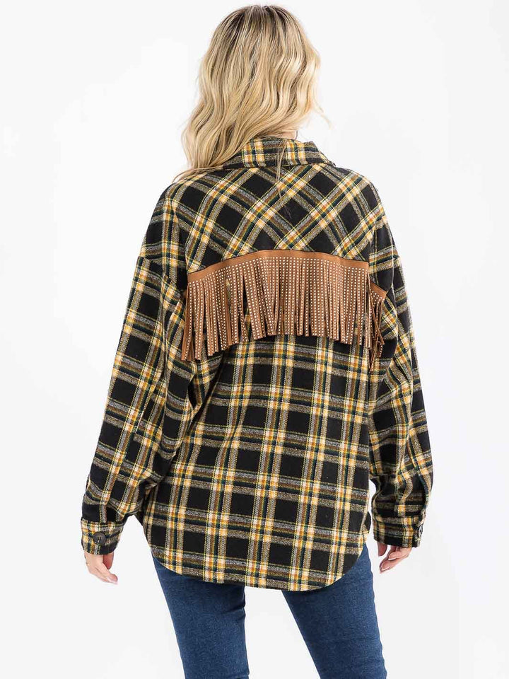 WOMEN'S LONG SLEEVE BUTTON UP FRONT POCKETS BACK FRINGE PLAID SHACKET