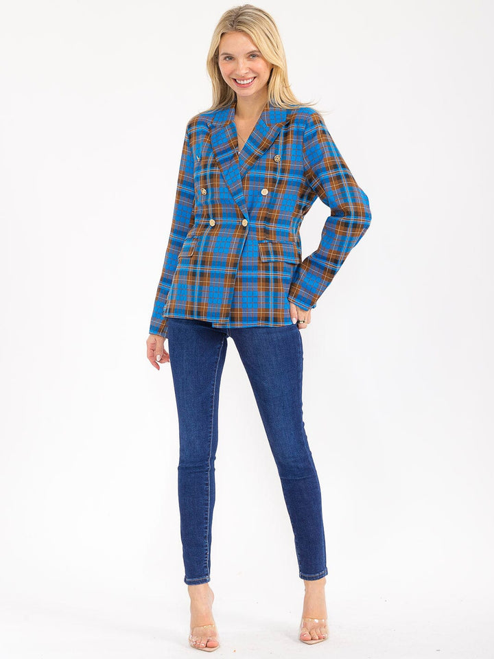 WOMEN'S LONG SLEEVE BUTTON CLOSURE FRONT POCKETS PLAID BLAZER