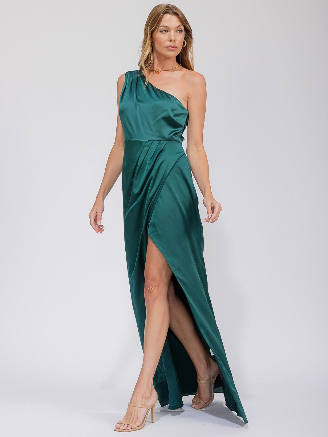 WOMEN'S SLEEVELESS ONE SHOULDER SURPLICE FRONT SLIT MAXI GOWN DRESS