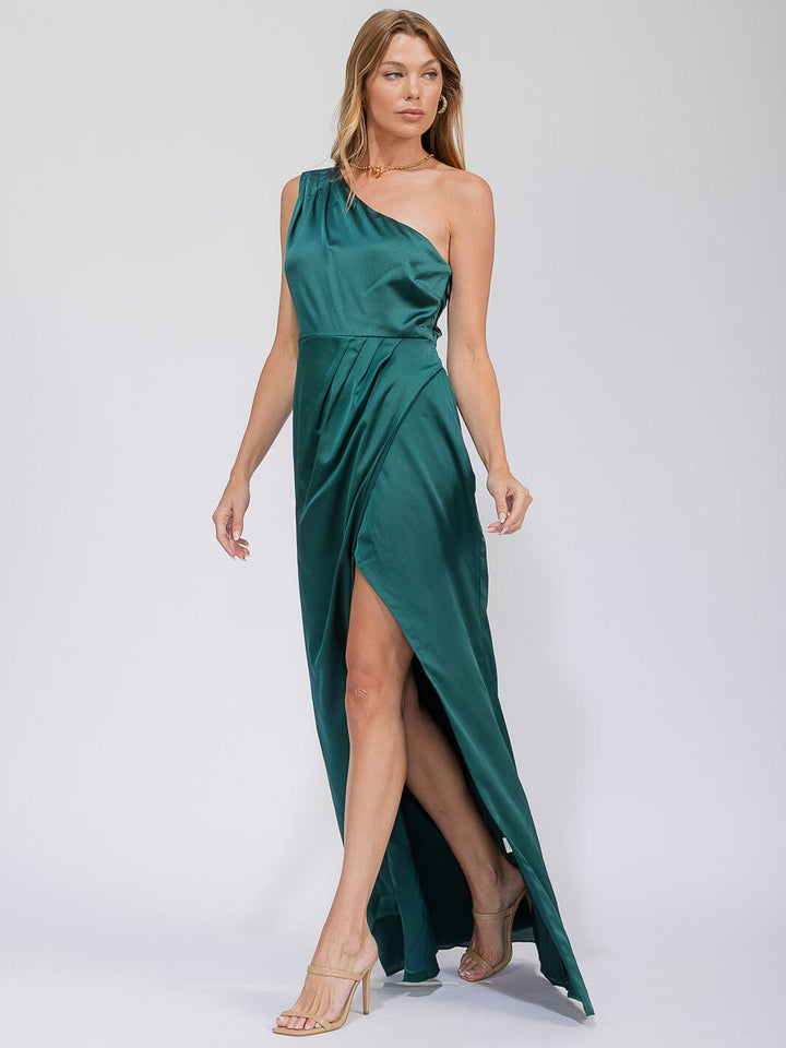 WOMEN'S SLEEVELESS ONE SHOULDER SURPLICE FRONT SLIT MAXI GOWN DRESS