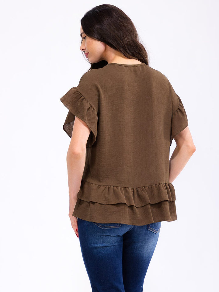 WOMEN'S SHORT RUFFLE SLEEVE TIERED BLOUSE