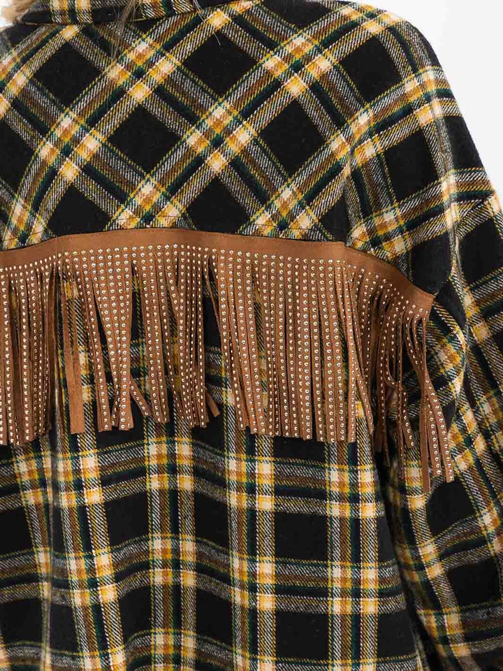 WOMEN'S LONG SLEEVE BUTTON UP FRONT POCKETS BACK FRINGE PLAID SHACKET