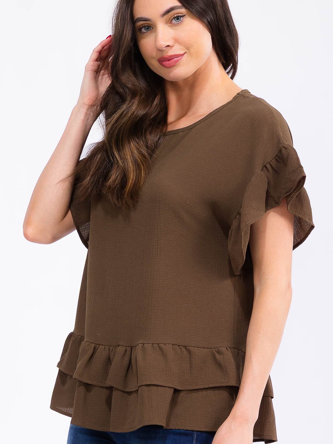 WOMEN'S SHORT RUFFLE SLEEVE TIERED BLOUSE