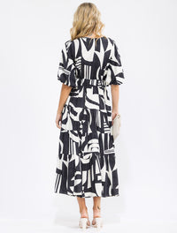 WOMEN'S SHORT PUFF SLEEVE ELASTIC WAIST SURPLICE SELF TIE TIERED PRINT MAXI DRESS
