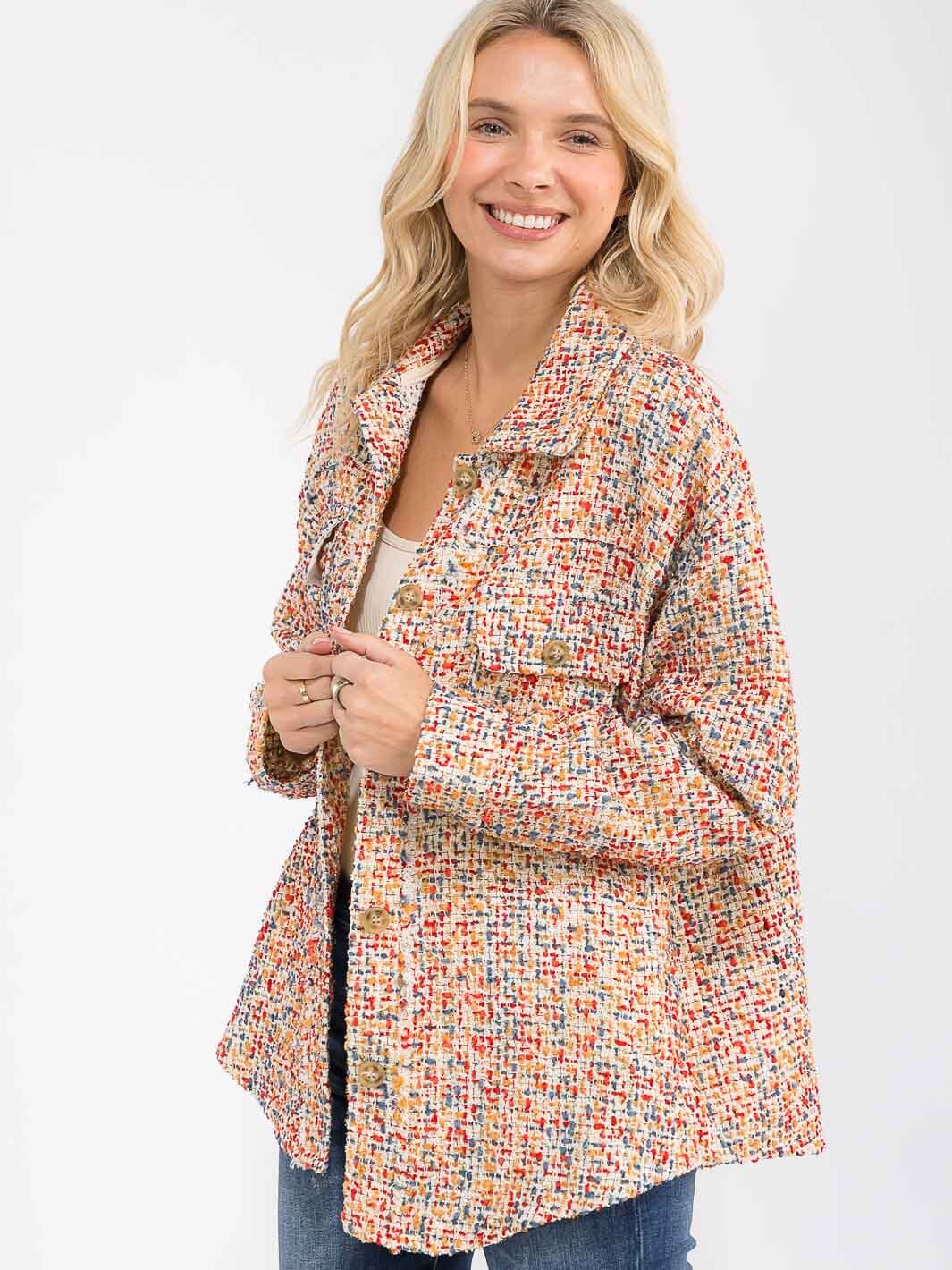 WOMEN'S LONG SLEEVE FRONT POCKETS BUTTON CLOSURE MULTI TWEED JACKET