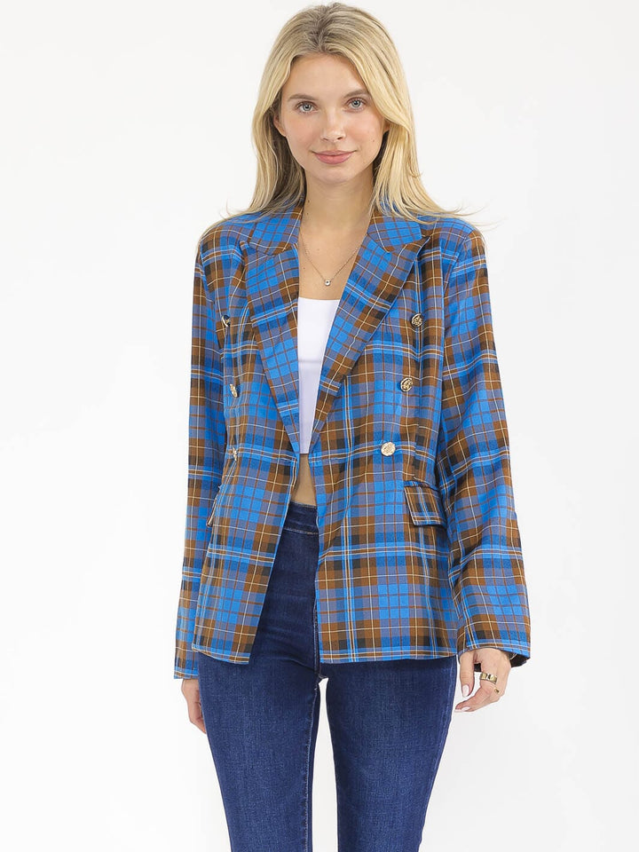 WOMEN'S LONG SLEEVE BUTTON CLOSURE FRONT POCKETS PLAID BLAZER
