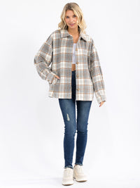 WOMEN'S LONG SLEEVE BUTTON UP FRONT POCKETS BACK PLAID SHACKET
