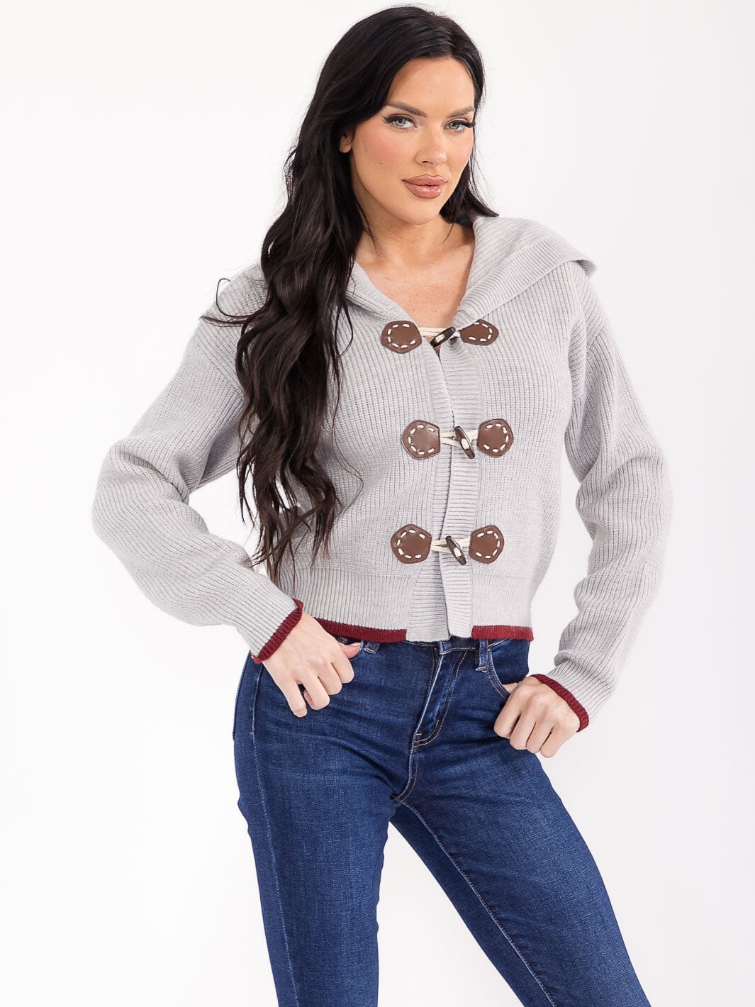 WOMEN'S LONG SLEEVE BUTTON CLOSURE HOODED KNIT SWEATER