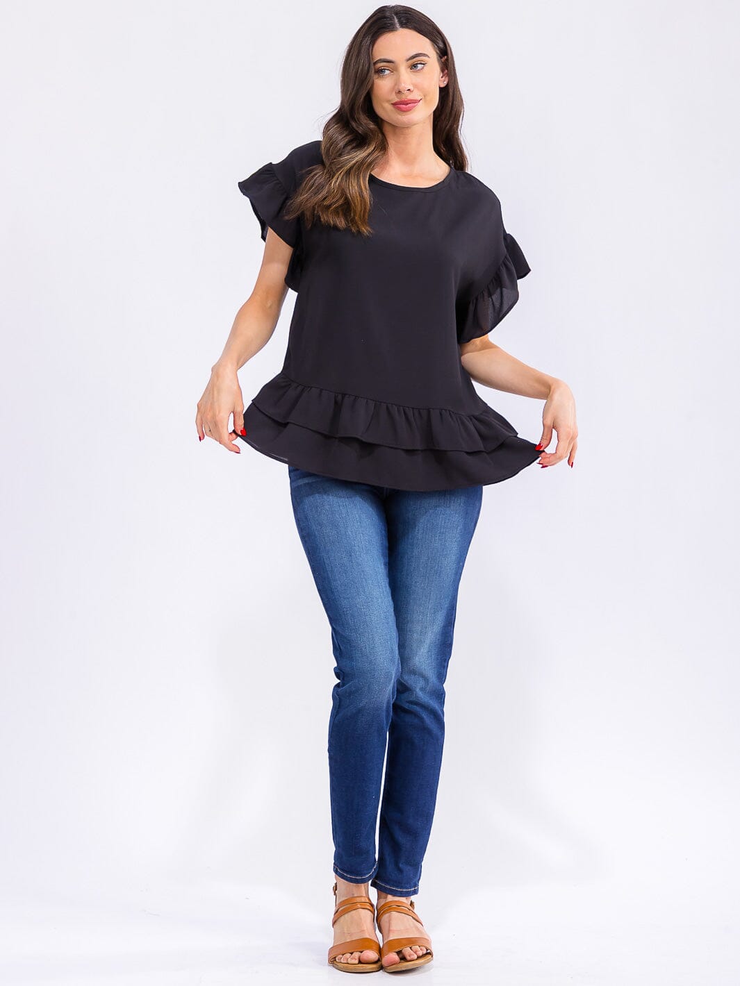 WOMEN'S SHORT RUFFLE SLEEVE TIERED BLOUSE