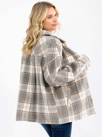 WOMEN'S LONG SLEEVE BUTTON UP FRONT POCKETS BACK PLAID SHACKET