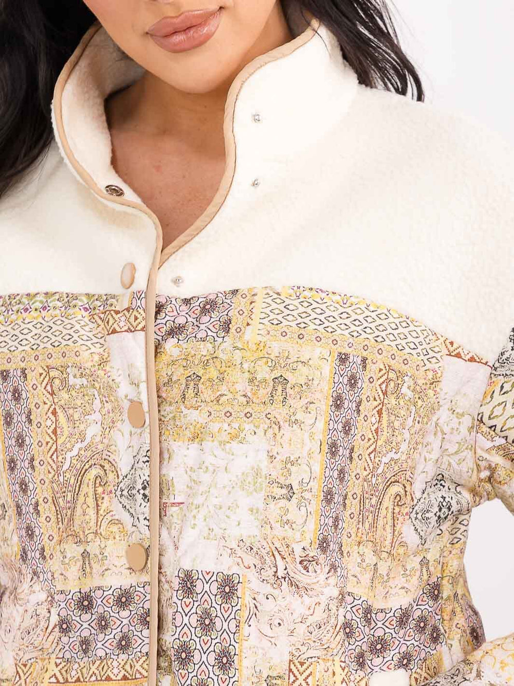 WOMEN'S LONG SLEEVE BUTTON UP SHERPA PRINT CONTRAST JACKET