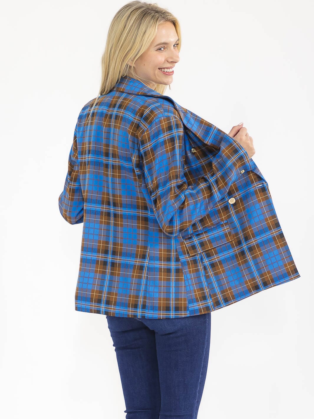 WOMEN'S LONG SLEEVE BUTTON CLOSURE FRONT POCKETS PLAID BLAZER