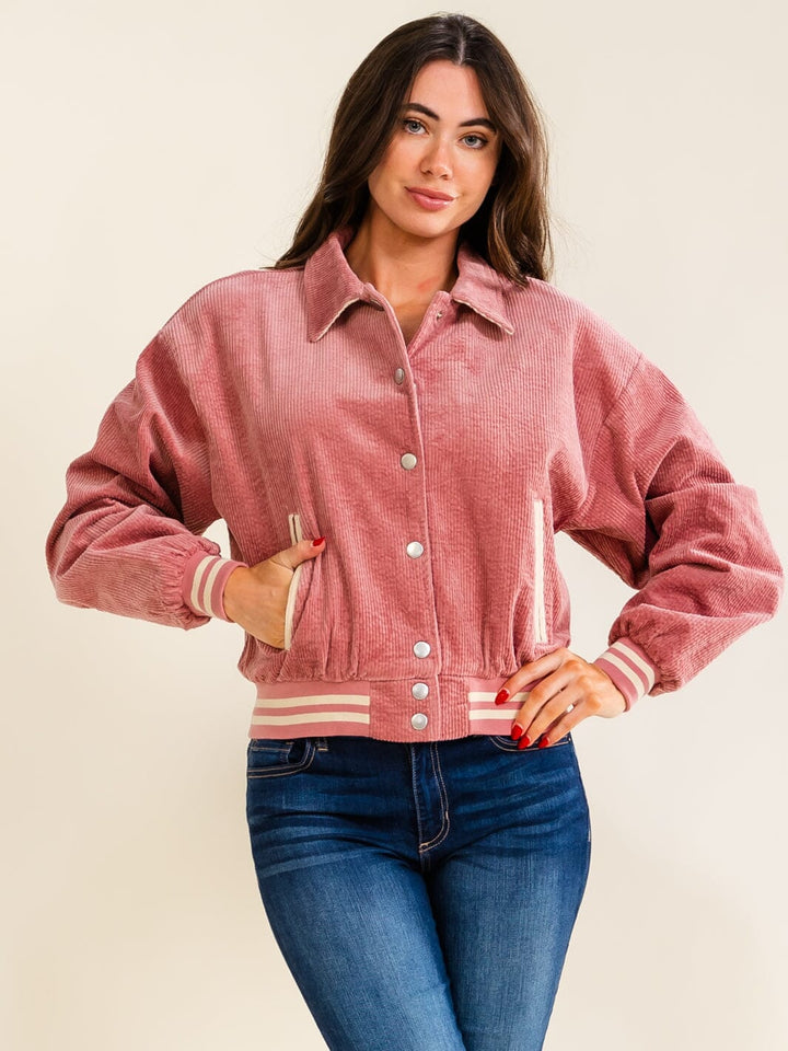 WOMEN'S LONG SLEEVE BUTTON CLOSURE FRONT POCKETS CORDUROY JACKET