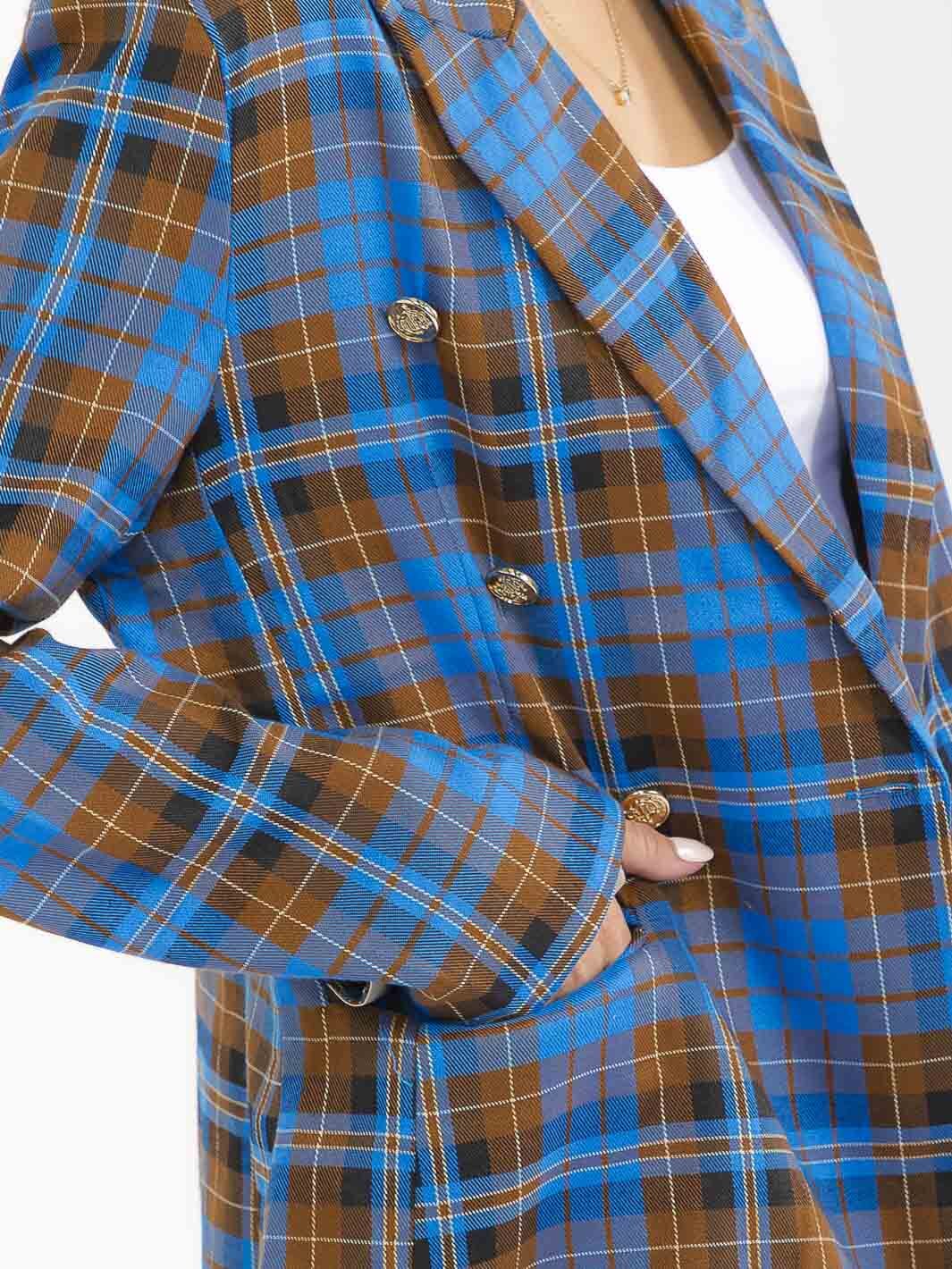 WOMEN'S LONG SLEEVE BUTTON CLOSURE FRONT POCKETS PLAID BLAZER