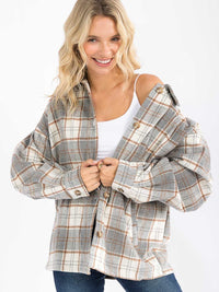 WOMEN'S LONG SLEEVE BUTTON UP FRONT POCKETS BACK PLAID SHACKET