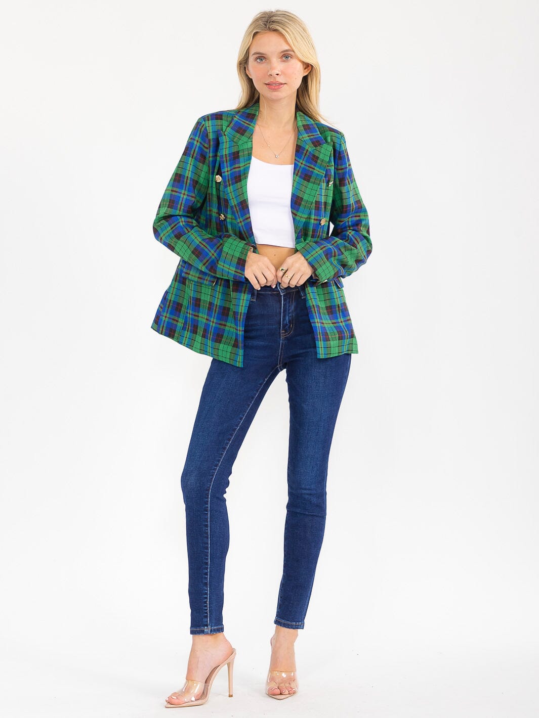 WOMEN'S LONG SLEEVE BUTTON CLOSURE FRONT POCKETS PLAID BLAZER
