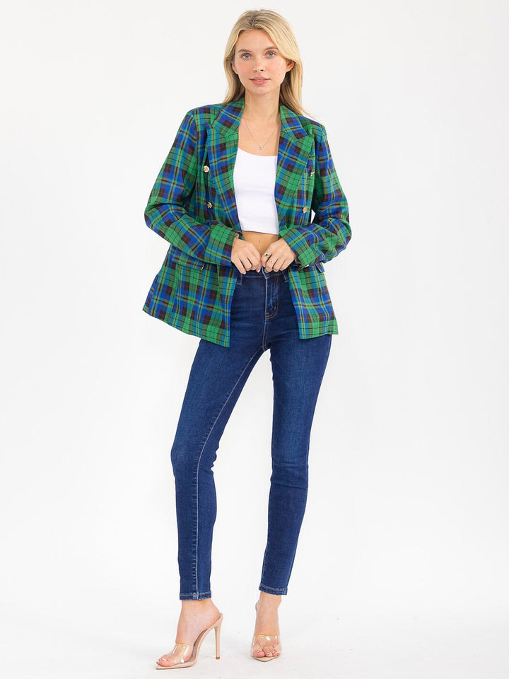 WOMEN'S LONG SLEEVE BUTTON CLOSURE FRONT POCKETS PLAID BLAZER