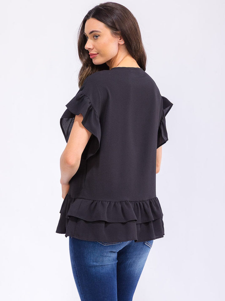 WOMEN'S SHORT RUFFLE SLEEVE TIERED BLOUSE