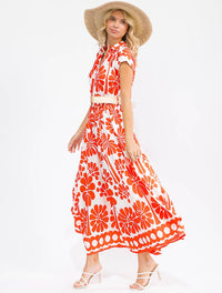 WOMEN'S SHORT SLEEVE V-NECK ELASTIC WAIST POCKETS BELTED FLORAL MAXI DRESS