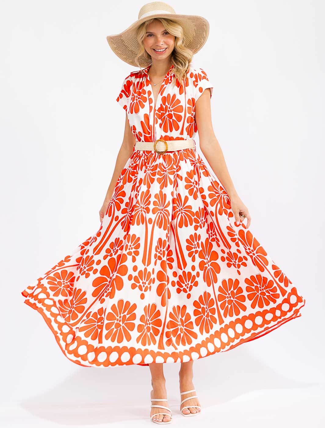 WOMEN'S SHORT SLEEVE V-NECK ELASTIC WAIST POCKETS BELTED FLORAL MAXI DRESS