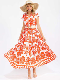 WOMEN'S SHORT SLEEVE V-NECK ELASTIC WAIST POCKETS BELTED FLORAL MAXI DRESS