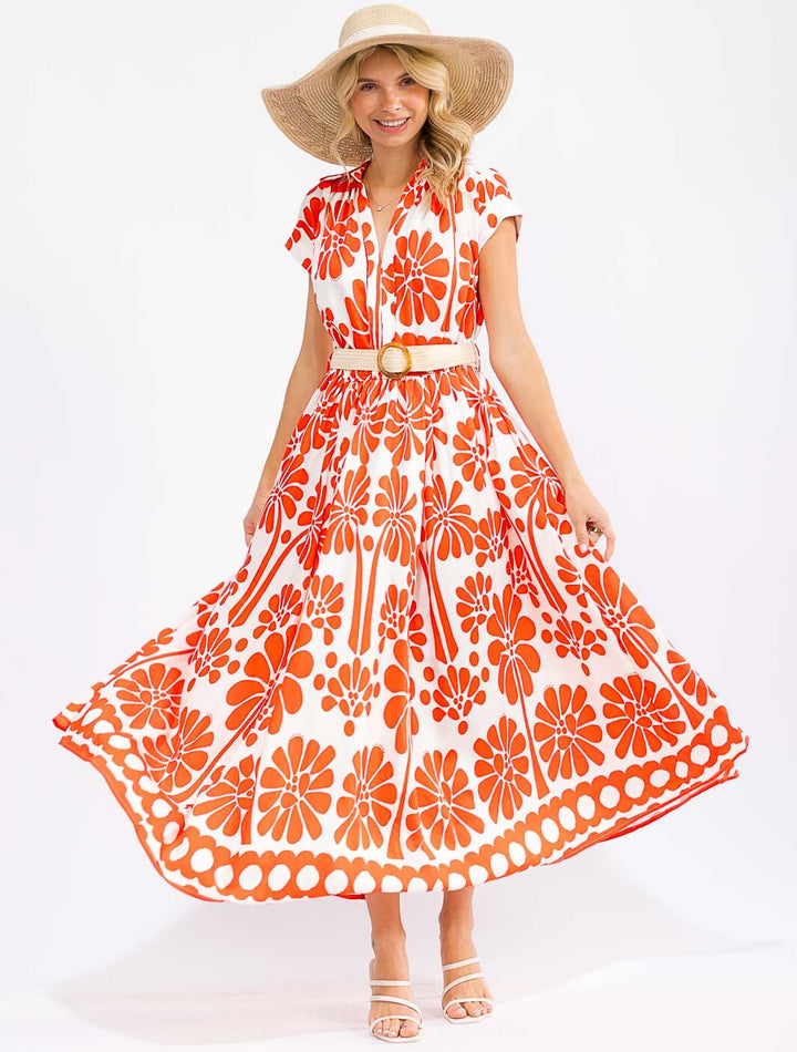 WOMEN'S SHORT SLEEVE V-NECK ELASTIC WAIST POCKETS BELTED FLORAL MAXI DRESS
