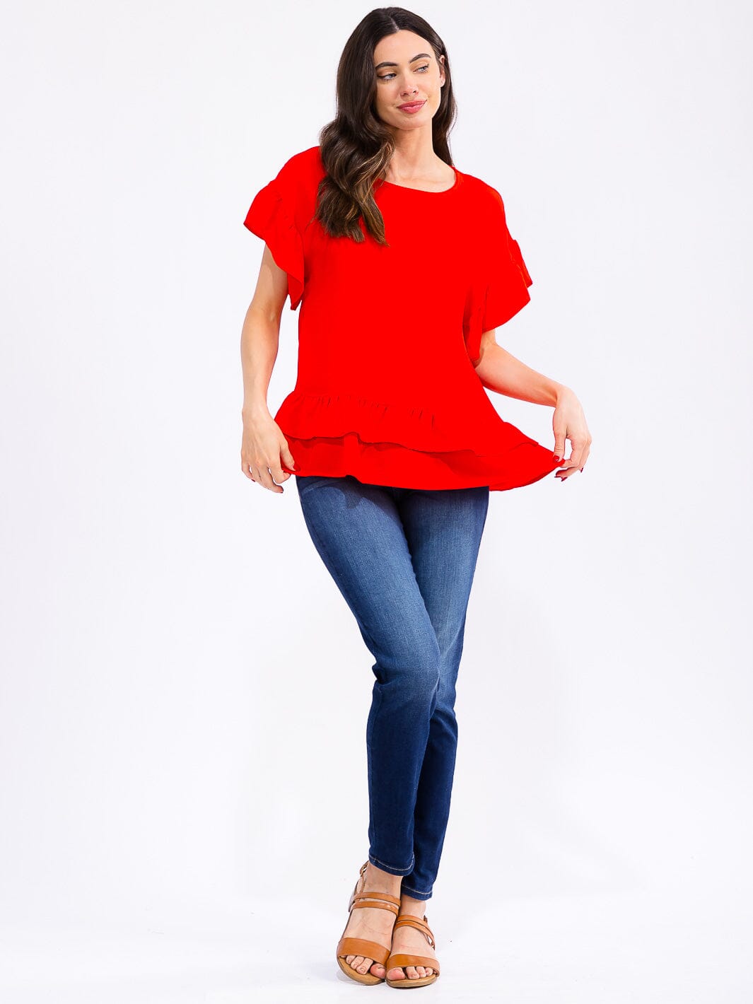 WOMEN'S SHORT RUFFLE SLEEVE TIERED BLOUSE