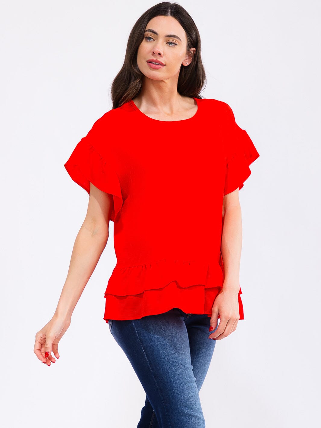 WOMEN'S SHORT RUFFLE SLEEVE TIERED BLOUSE