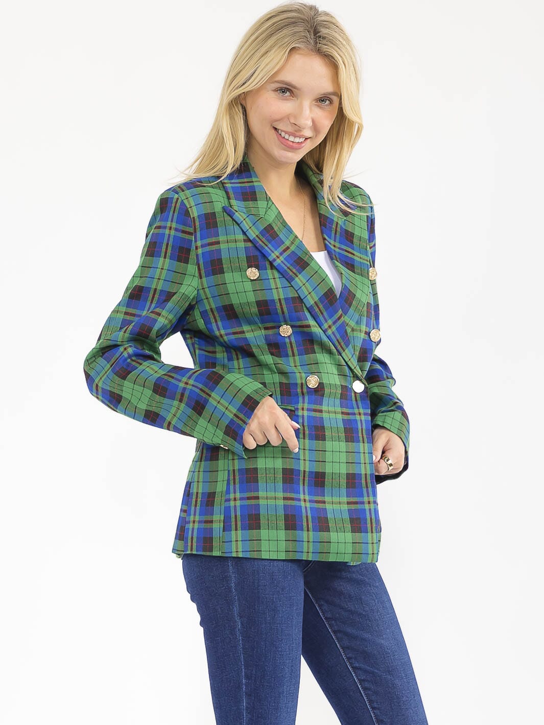 WOMEN'S LONG SLEEVE BUTTON CLOSURE FRONT POCKETS PLAID BLAZER