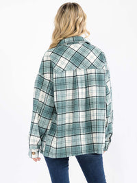 WOMEN'S LONG SLEEVE BUTTON UP FRONT POCKETS BACK PLAID SHACKET