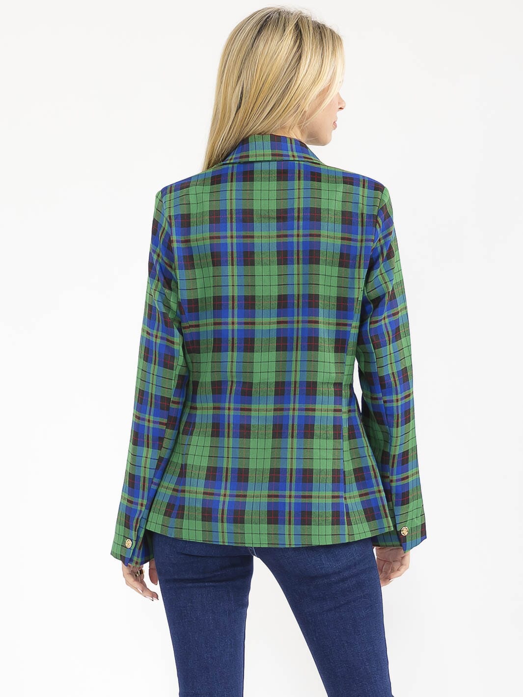 WOMEN'S LONG SLEEVE BUTTON CLOSURE FRONT POCKETS PLAID BLAZER