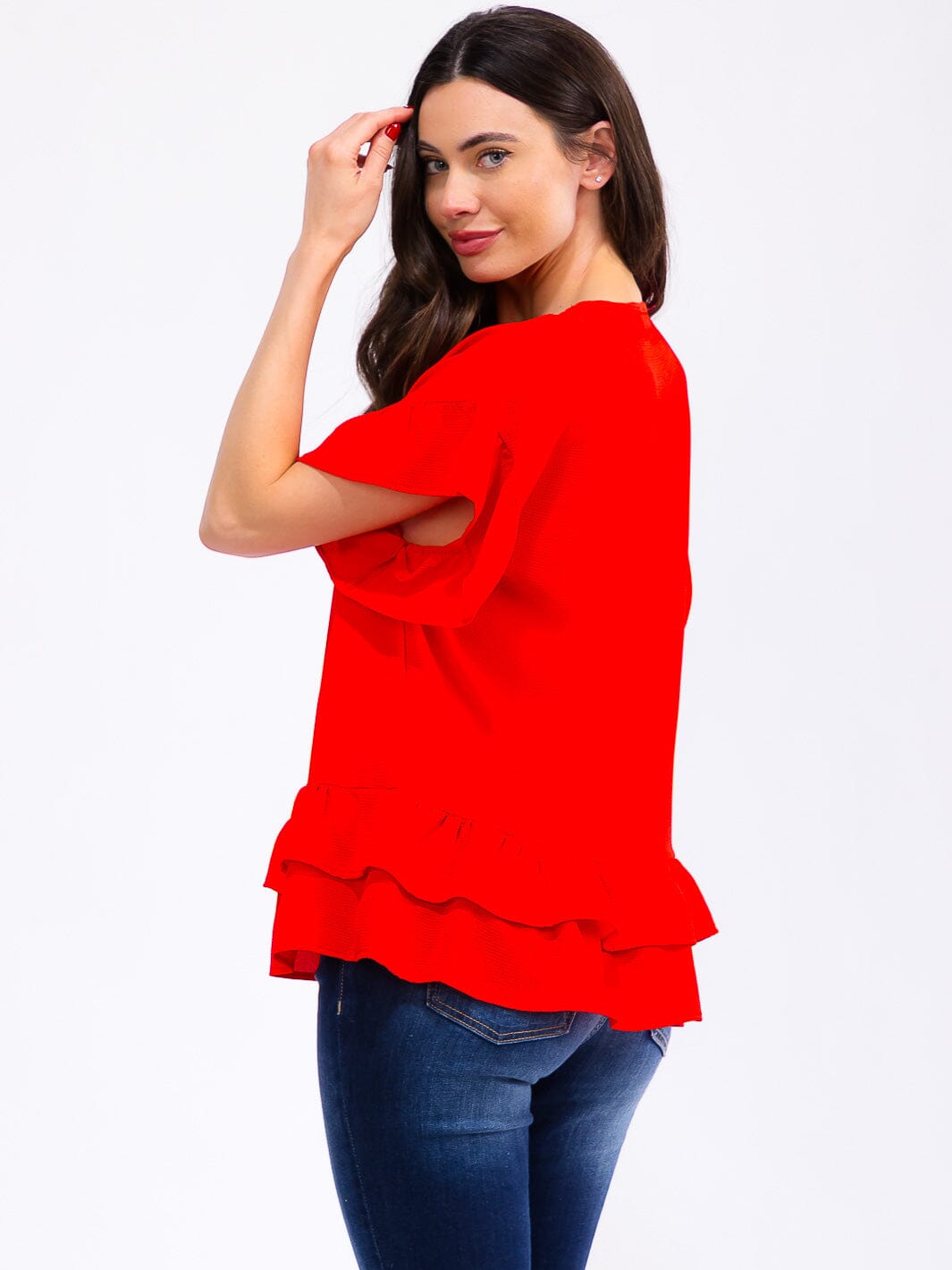 WOMEN'S SHORT RUFFLE SLEEVE TIERED BLOUSE