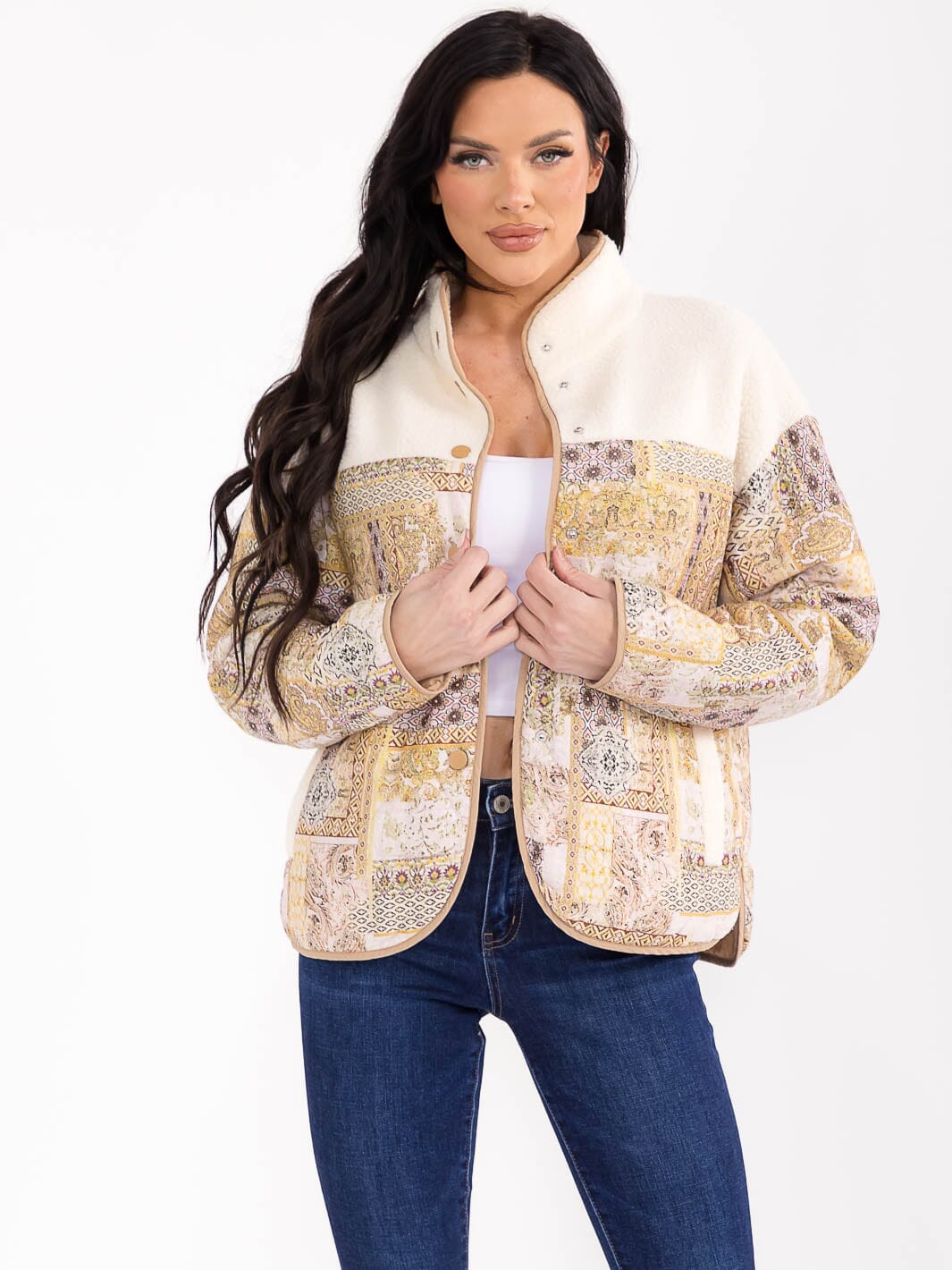 WOMEN'S LONG SLEEVE BUTTON UP SHERPA PRINT CONTRAST JACKET