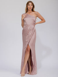WOMEN'S SLEEVELESS ONE SHOULDER SURPLICE FRONT SLIT MAXI GOWN DRESS