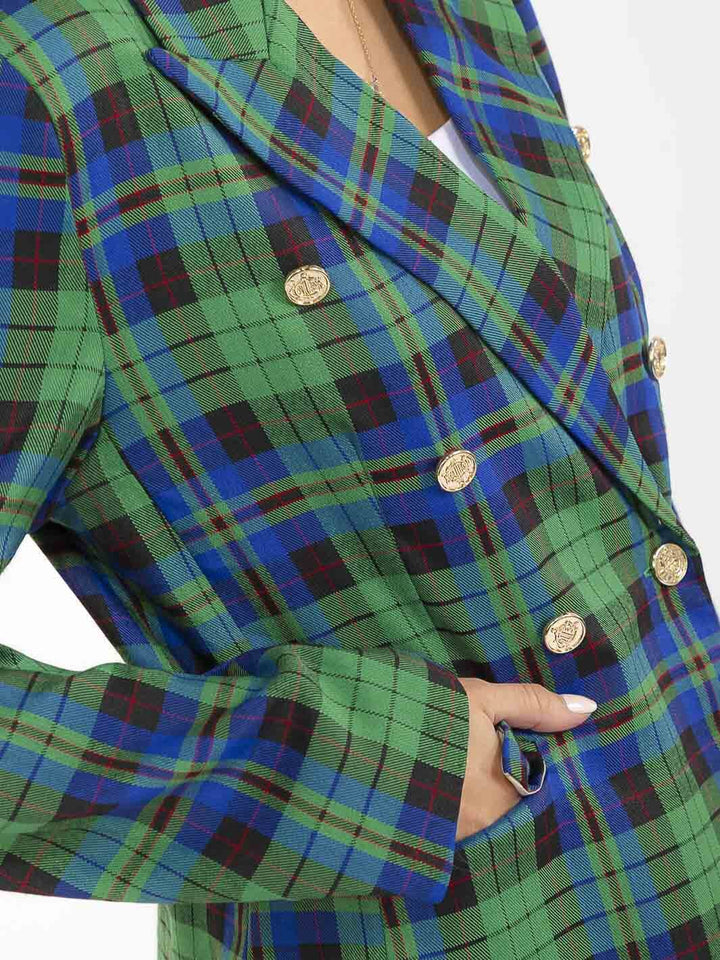 WOMEN'S LONG SLEEVE BUTTON CLOSURE FRONT POCKETS PLAID BLAZER