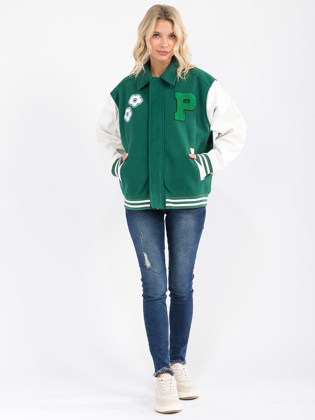 WOMEN'S LONG SLEEVE ZIP UP FRONT POCKETS CONTRAST PU PLEATHER JACKET