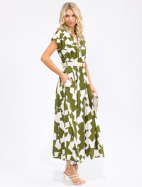WOMEN'S SHORT SLEEVE V-NECK ELASTIC WAIST POCKETS BELTED PRINT MAXI DRESS