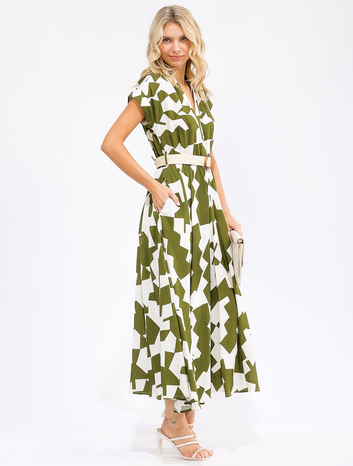 WOMEN'S SHORT SLEEVE V-NECK ELASTIC WAIST POCKETS BELTED PRINT MAXI DRESS