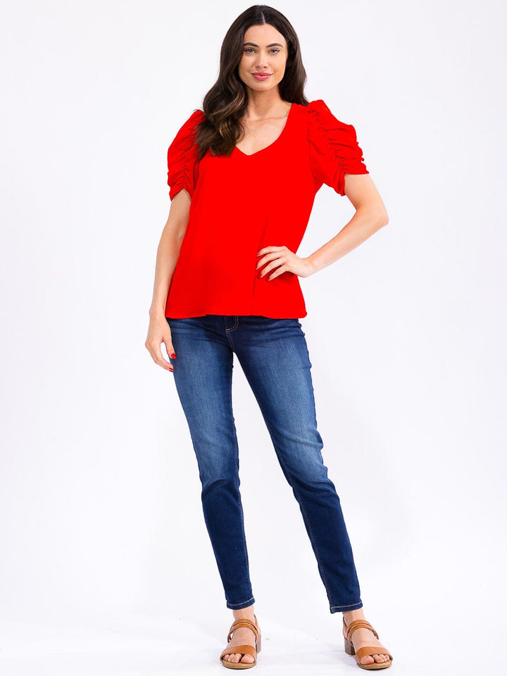 WOMEN'S SHORT PUFF SLEEVE V-NECK BLOUSE