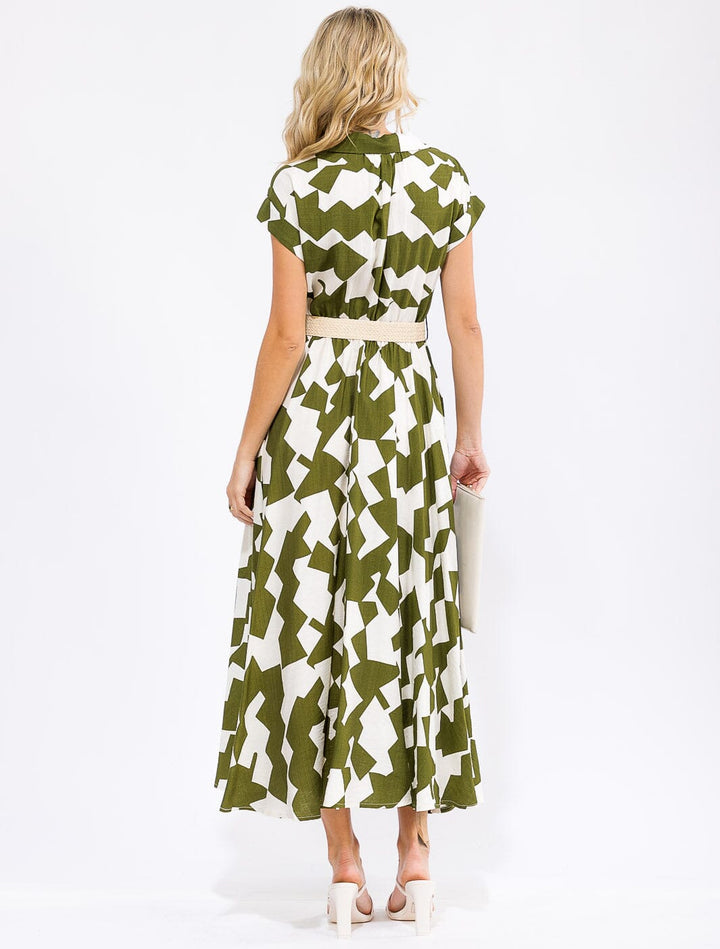 WOMEN'S SHORT SLEEVE V-NECK ELASTIC WAIST POCKETS BELTED PRINT MAXI DRESS