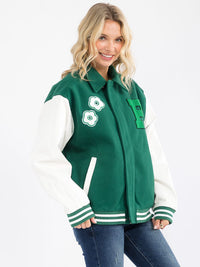 WOMEN'S LONG SLEEVE ZIP UP FRONT POCKETS CONTRAST PU PLEATHER JACKET