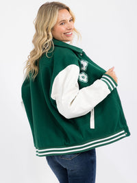 WOMEN'S LONG SLEEVE ZIP UP FRONT POCKETS CONTRAST PU PLEATHER JACKET