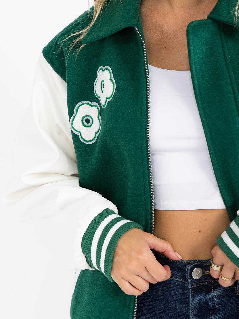 WOMEN'S LONG SLEEVE ZIP UP FRONT POCKETS CONTRAST PU PLEATHER JACKET