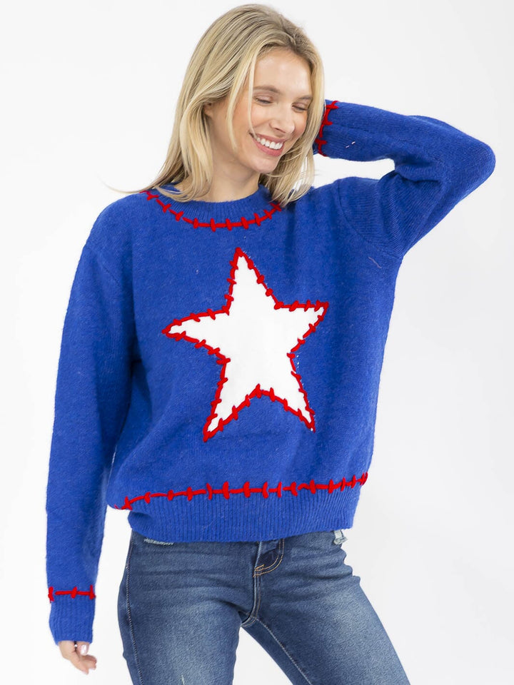 WOMEN'S LONG SLEEVE STARS PRINT PULLOVER SWEATER