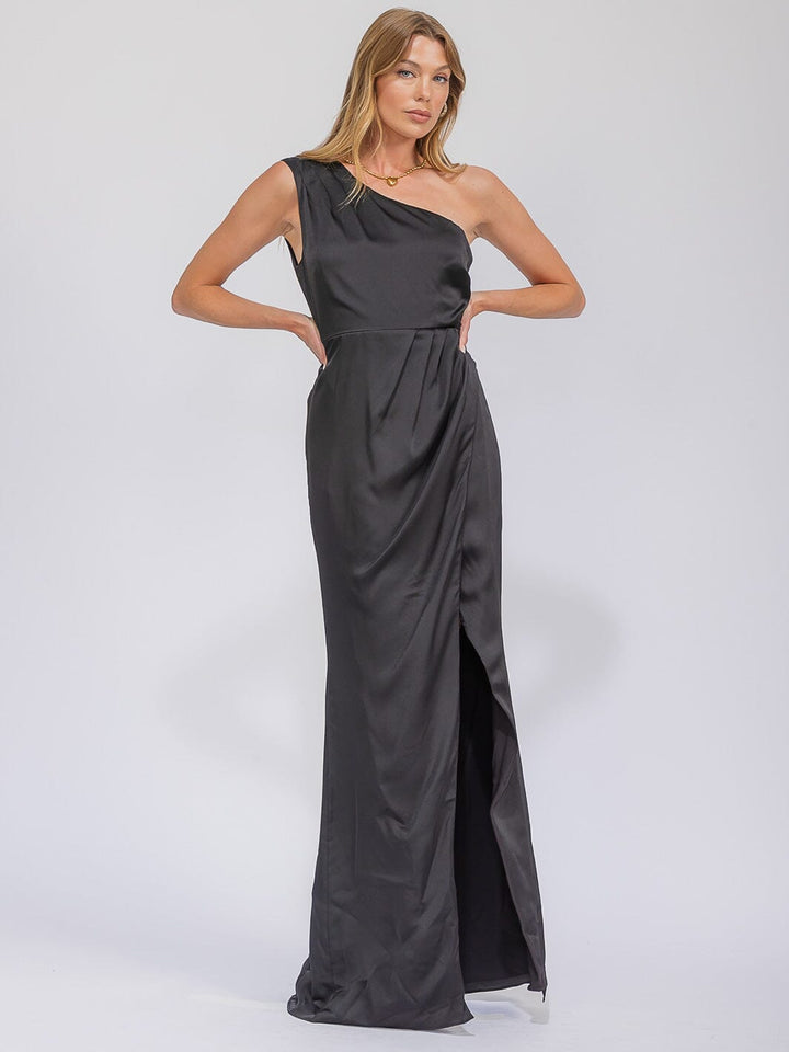 WOMEN'S SLEEVELESS ONE SHOULDER SURPLICE FRONT SLIT MAXI GOWN DRESS