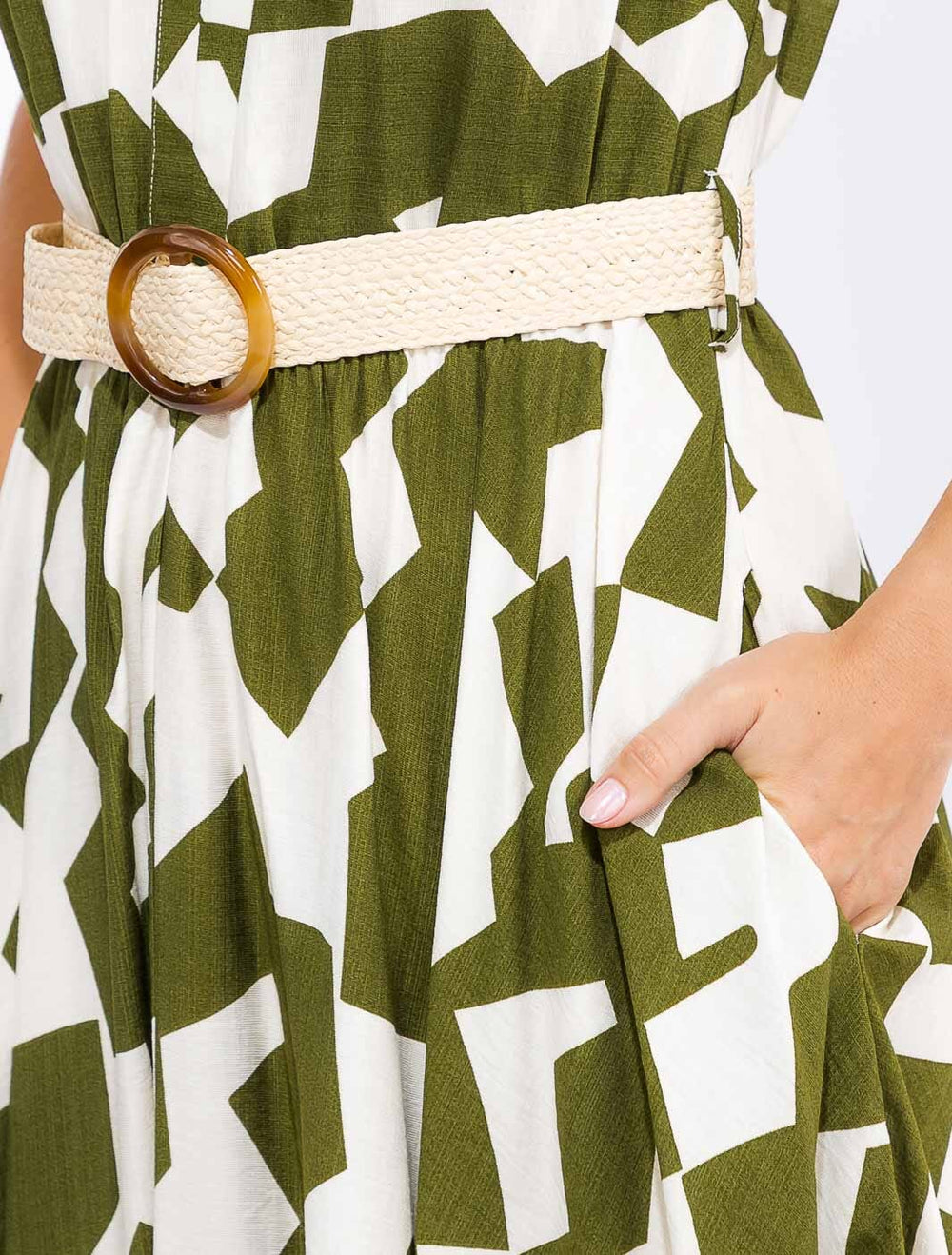 WOMEN'S SHORT SLEEVE V-NECK ELASTIC WAIST POCKETS BELTED PRINT MAXI DRESS